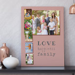 6 Photo Collage Love Happiness Family Pink Maroon Faux Canvas Print<br><div class="desc">Personalized photo canvas with 6 of your own photos. Your photos are displayed as a large landscape picture, slightly overlapped by a photo strip of 5 portrait pictures. The three meaningful words read .. love happiness family. The design has a color palette of pink, maroon red and blue grey with...</div>
