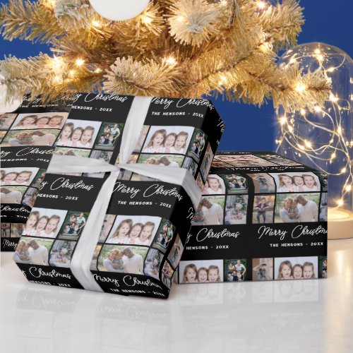 6 Photo Collage Merry Christmas Family Black Wrapping Paper