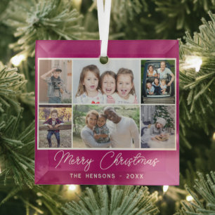 6 Photo Collage Merry Christmas Family Glass Ornament