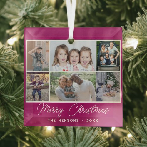 6 Photo Collage Merry Christmas Family  Glass Ornament