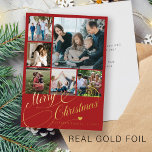 6 photo collage Merry Christmas gold script family Foil Holiday Card<br><div class="desc">Elegant luxury exclusive Merry Christmas real gold foil classic calligraphy script six family photos red holiday card with your custom personalized text on both sides. PLEASE NOTE that the background color is editable. You can change it after selecting CUSTOMIZE option down below the PERSONALIZE IT menu. If you don't feel...</div>