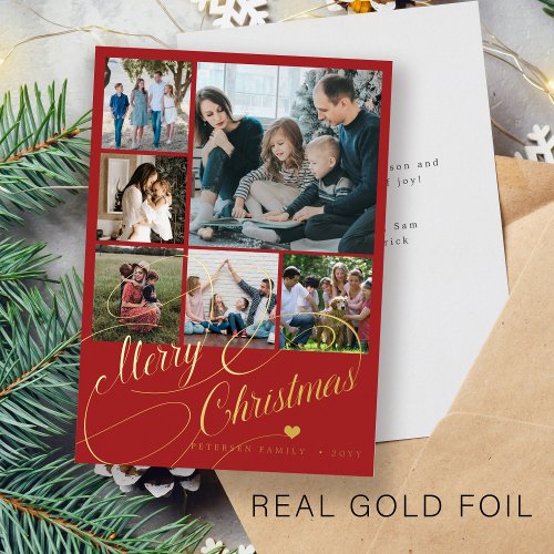 6 photo collage Merry Christmas gold script family Foil Holiday Card