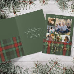 6 photo collage Merry Christmas gold script plaid Holiday Card<br><div class="desc">Modern elegant stylish plaid tartan faux gold Merry Christmas script six family photos traditional red forest green folded holiday card with your custom personalized text.</div>