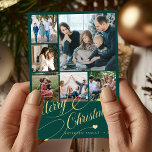 6 photo collage Merry Christmas script family Holiday Card<br><div class="desc">Elegant stylish Merry Christmas faux gold classic calligraphy script six family photos pine green holiday card with your custom personalized text on both sides. PLEASE NOTE that the background color is editable. You can change it after selecting CUSTOMIZE option down below the PERSONALIZE IT menu. If you don't feel at...</div>