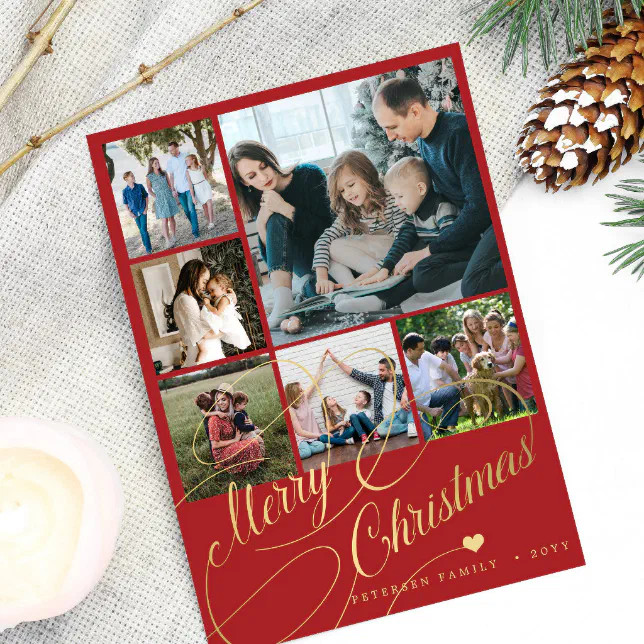 6 photo collage Merry Christmas script family Holiday Card | Zazzle