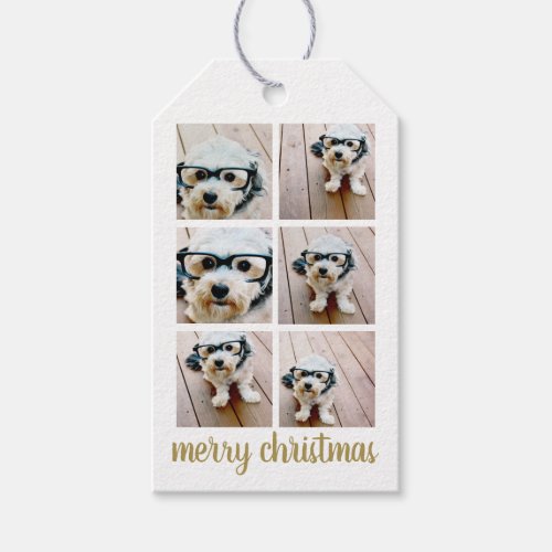 6 Photo Collage Merry Christmas Script Gold Stars Gift Tags