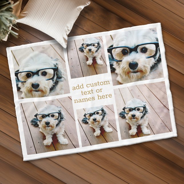 6 Photo Collage Minimalist - gold and white Fleece Blanket (Custom Fleece Blanket - Add Photos and Text)