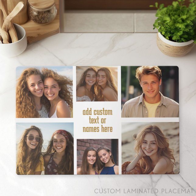 6 Photo Collage Minimalist - Gold and White Grid Placemat (Custom Placemat with Photo Collage)
