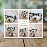 6 Photo Collage Minimalist - Gold and White Grid Postcard<br><div class="desc">Use your favorite photo or pictures to make a fun keepsake to share with friends. A collage of 6 photos in a fun grid with different sizes. A simple design with snapshots and a text block. Crop photos into squares before uploading. To adjust photos or change colors, click on the...</div>