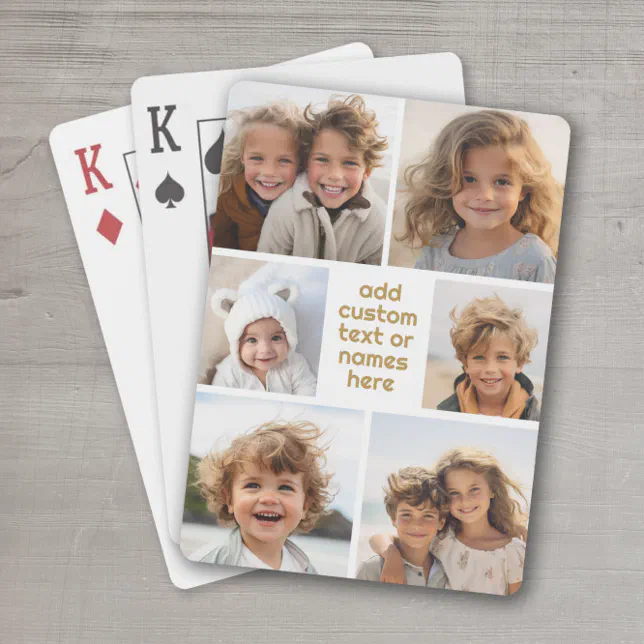 6 Photo Collage Minimalist - white and gold Playing Cards (Personalized Playing Cards - add your photos and text)