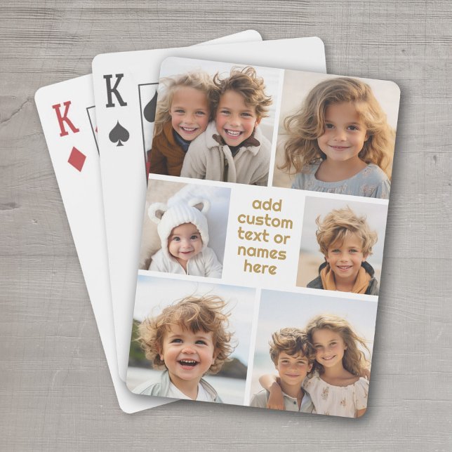 6 Photo Collage Minimalist - white and gold Poker Cards (Personalized Playing Cards - add your photos and text)