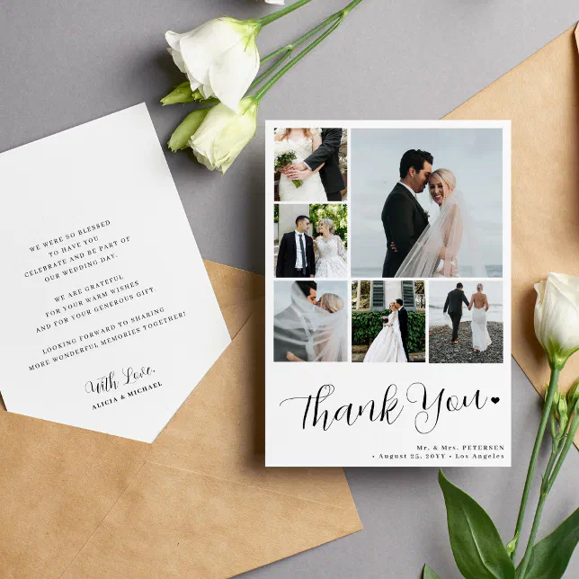 6 photo collage modern minimalist script wedding thank you card | Zazzle
