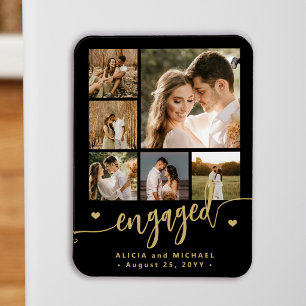 6 photo collage modern script engaged couple black magnet