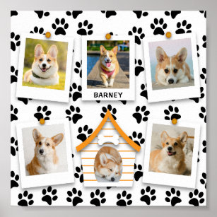 6 Photo Collage Name Dog House Paw Prints Poster