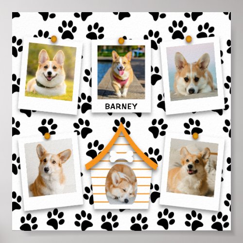6 Photo Collage Name Dog House Paw Prints Poster
