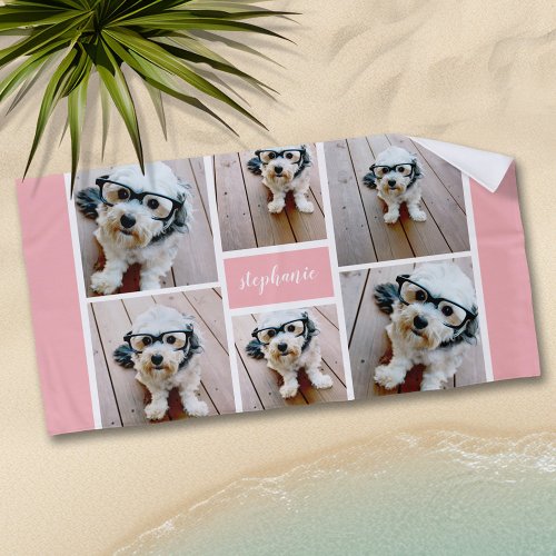 6 Photo Collage Name Minimalist _ Can Edit color Beach Towel