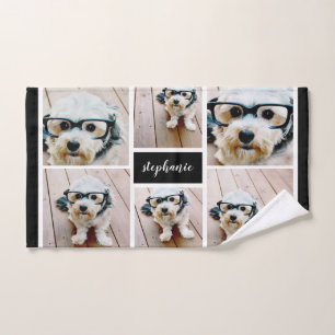 6 Photo Collage Name Minimalist - Can Edit color Hand Towel