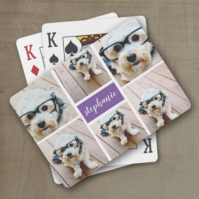 6 Photo Collage Name Minimalist - Can Edit color Poker Cards (Personalized playing cards with photos and custom text)