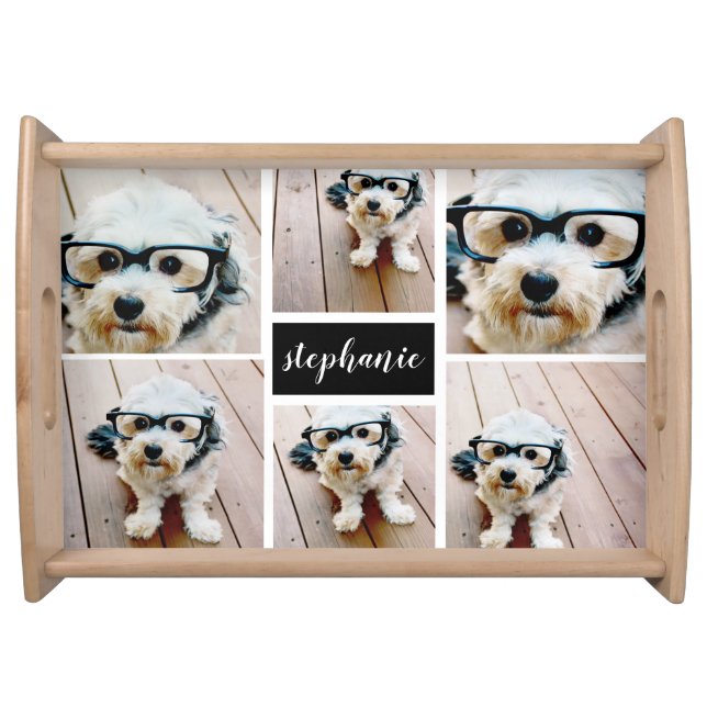 6 Photo Collage Name Minimalist - Can Edit color Serving Tray (Front)