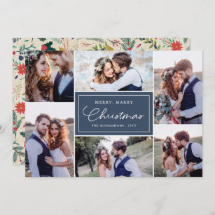 6 Photo Collage Newlyweds Merry Marry Blue Holiday Card