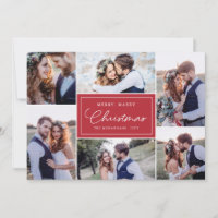 6 Photo Collage Newlyweds Merry Marry Red Holiday Card