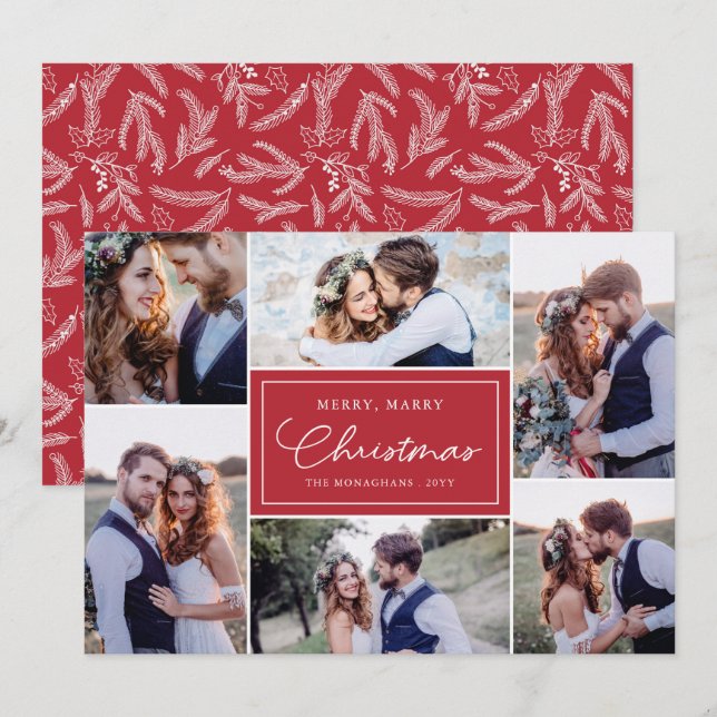 6 Photo Collage Newlyweds Merry Marry Red Holiday Card (Front/Back)