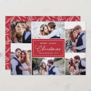 6 Photo Collage Newlyweds Merry Marry Red Holiday Card