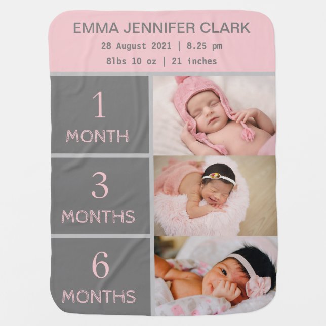 6 photo collage nursery newborn baby month details baby blanket (Front)