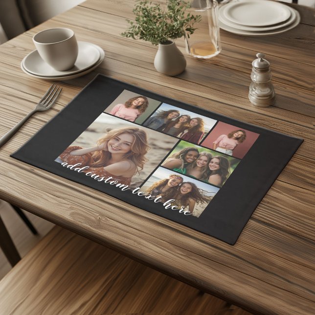 6 Photo Collage Optional Text -- Black Background Cloth Placemat (Custom Cloth Place met with Photo Collage)
