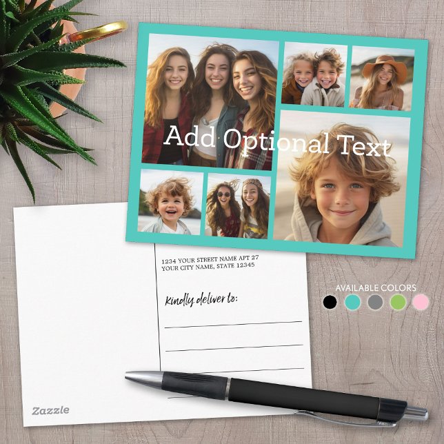 6 Photo Collage Optional Text -- CAN Edit blue Postcard (Custom Photo Collage on a Postcard)