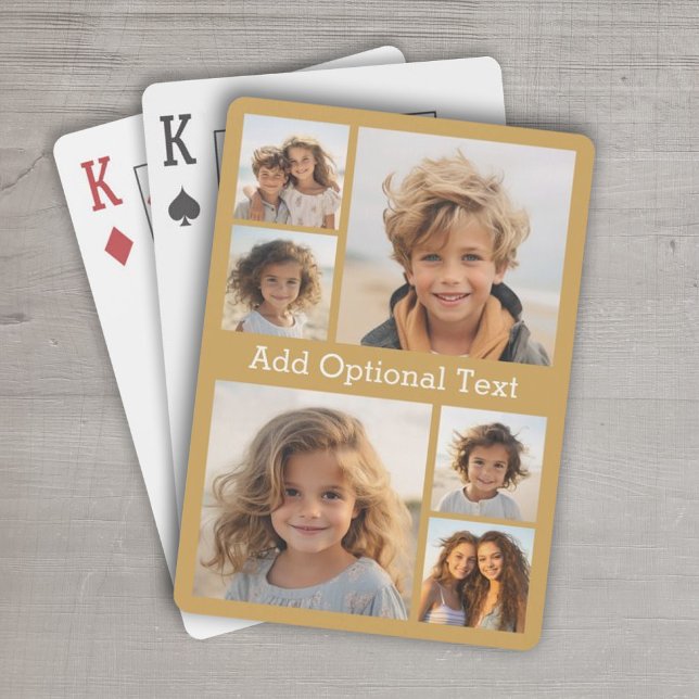 6 Photo Collage Optional Text -- Gold Poker Cards (Personalized Playing Cards - 6 Photo Collage)