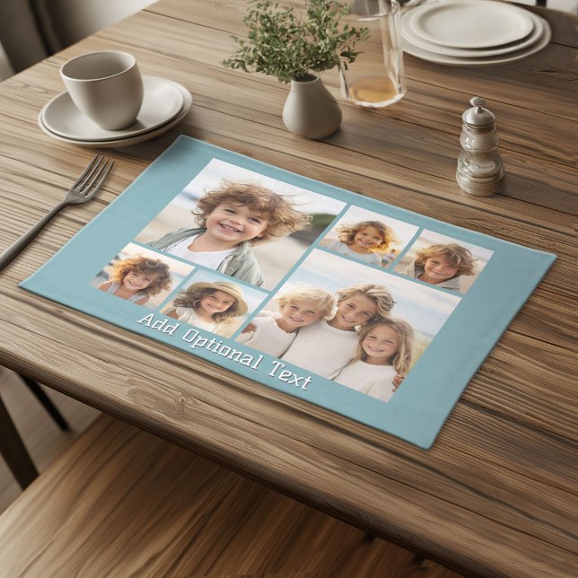 6 Photo Collage Optional Text -- Light Blue Cloth Placemat (Custom Cloth Place met with Photo Collage)