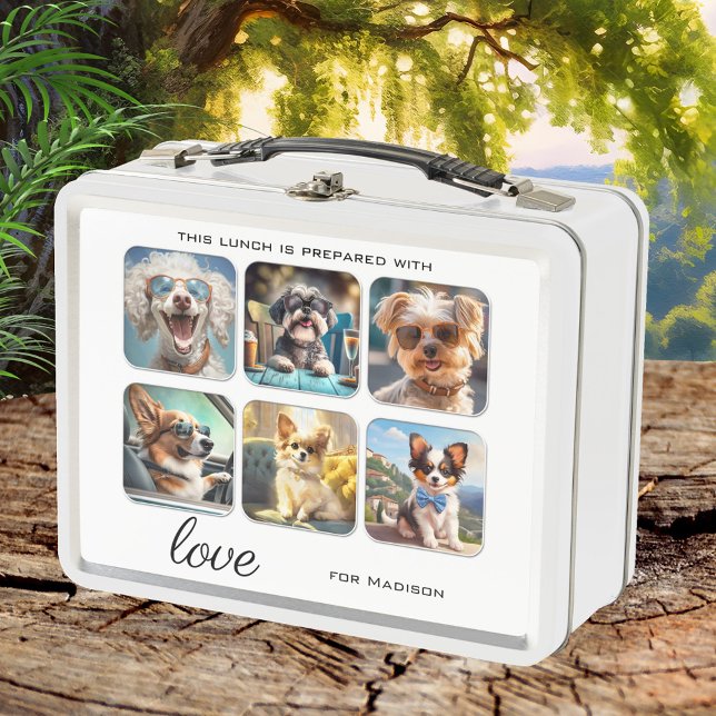 6 Photo Collage or Cute Dogs Metal Lunch Box (Lunch Box featuring 6 of your custom photos (or cute dogs!) framed by a simple white background.)
