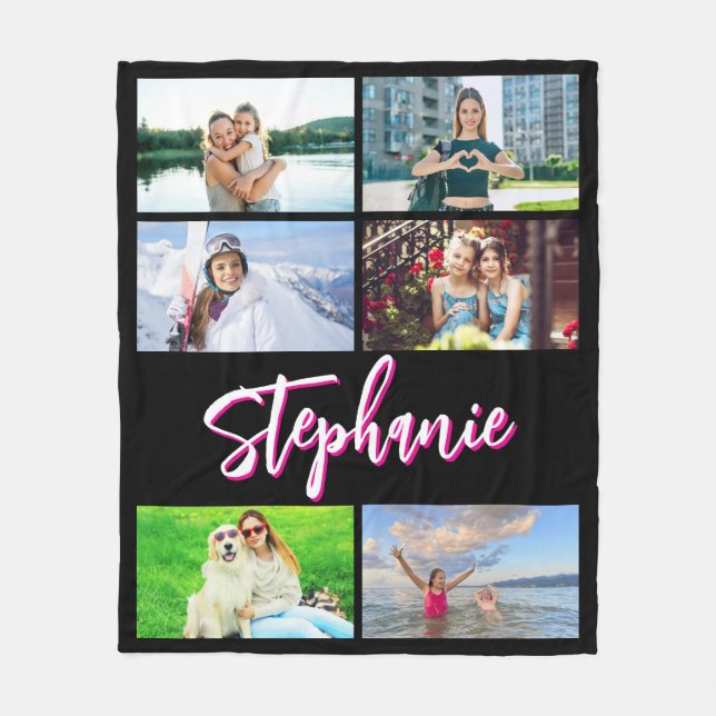 6 Photo Collage Personalized Hot Pink Black Medium Fleece Blanket (Front)
