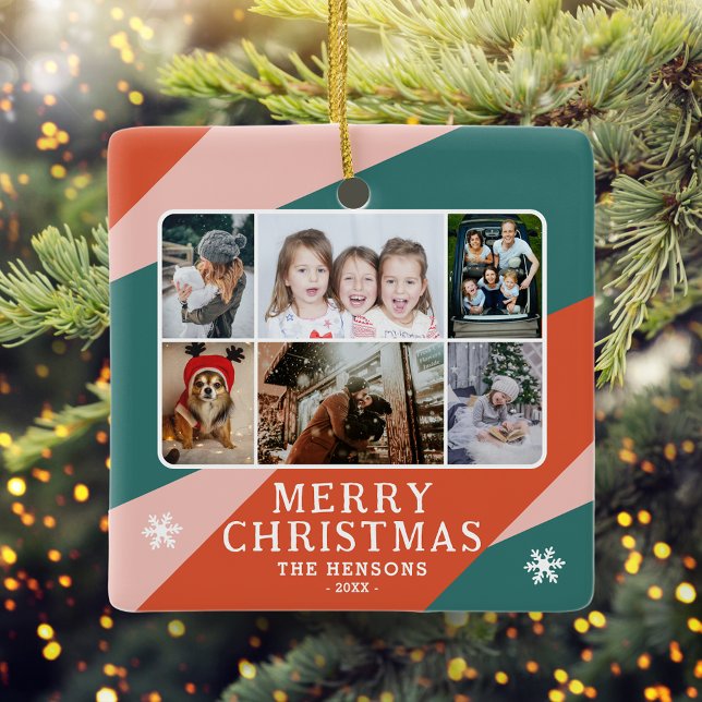 6 Photo Collage Pink Green Orange Christmas Family Ceramic Ornament (Creator Uploaded)