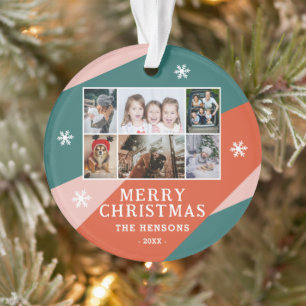 6 Photo Collage Pink Green Orange Christmas Family Ornament