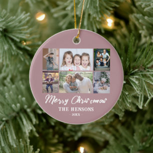 6 Photo Collage Pink Merry Christmas Family Ceramic Ornament