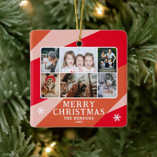 6 Photo Collage Pink Red Orange Christmas Family Ceramic Ornament