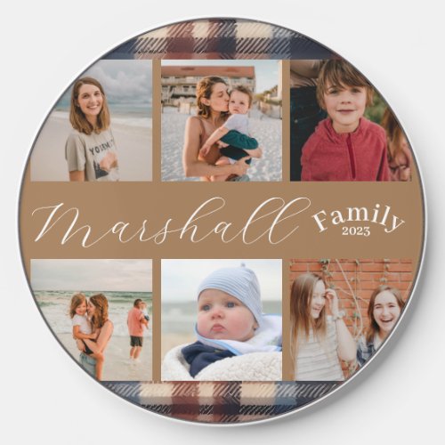 6 Photo collage plaid family name Wireless Charger