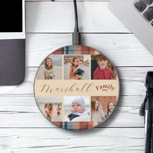 6 photo collage plaid family Wireless Charger