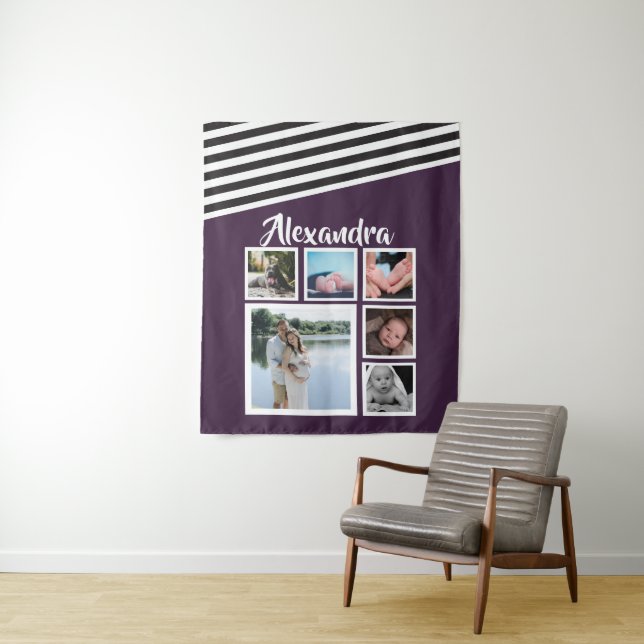 6 Photo Collage Plum Striped Pattern Personalized Tapestry (In Situ)