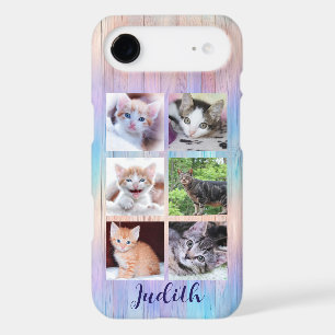 6 Photo Collage Purple Teal Ombre Stripes Wood iPhone 17 Air Case