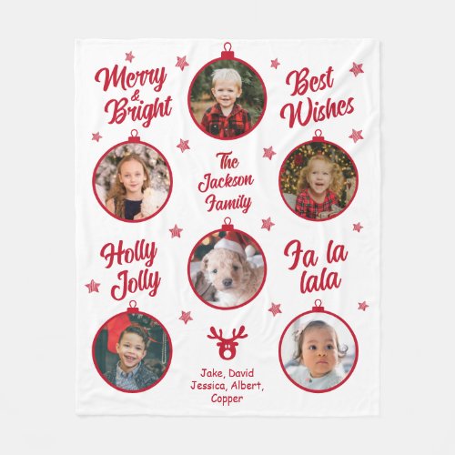 6 Photo Collage Red Christmas Grandma Ornaments Fleece Blanket