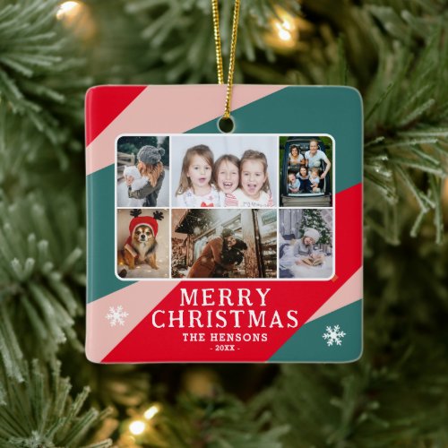 6 Photo Collage Red Green Pink Christmas Family Ceramic Ornament