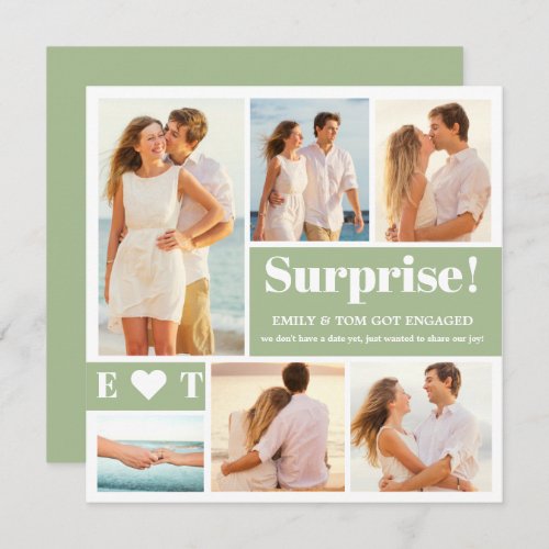6 Photo Collage Sage Green Engagement Announcement