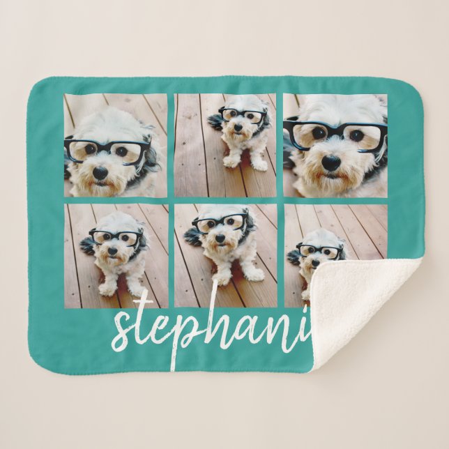 6 Photo Collage Script White Handwritten Name teal Sherpa Blanket (Front (Horizontal))