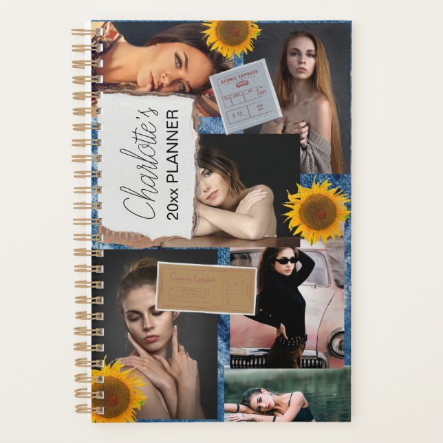 6-Photo Collage Sunflower Denim Tickets  Planner (Front)