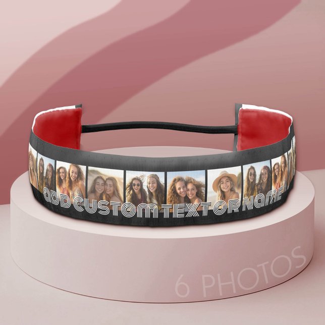 6 Photo Collage - Trendy Script - black and white Athletic Headband (Custom Photo Headband)