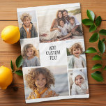 6 photo collage - white background - black text kitchen towel<br><div class="desc">6 photos in an uneven pattern surround an opening for three lines of text. Use 2 square cropped photos and 4 vertical photos to make this work!
The background is white. If you want to change the colors,  click on the advanced design area and see more choices.</div>