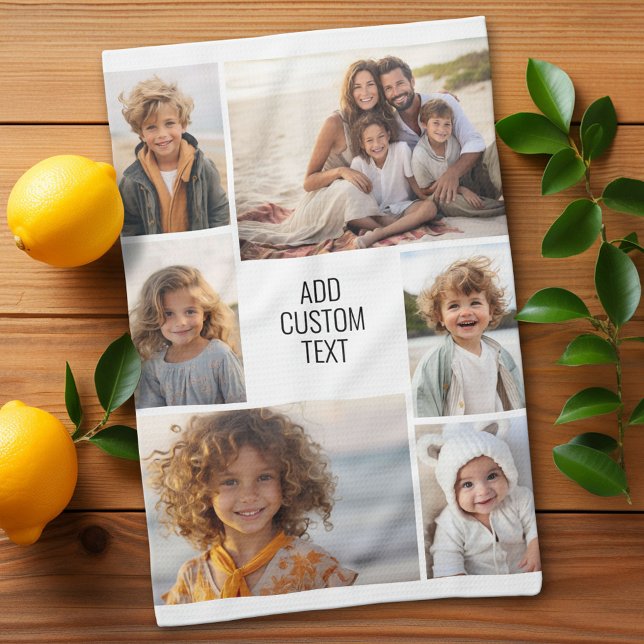 6 photo collage - white background - black text kitchen towel (Custom Kitchen Towel with a Photo Collage)